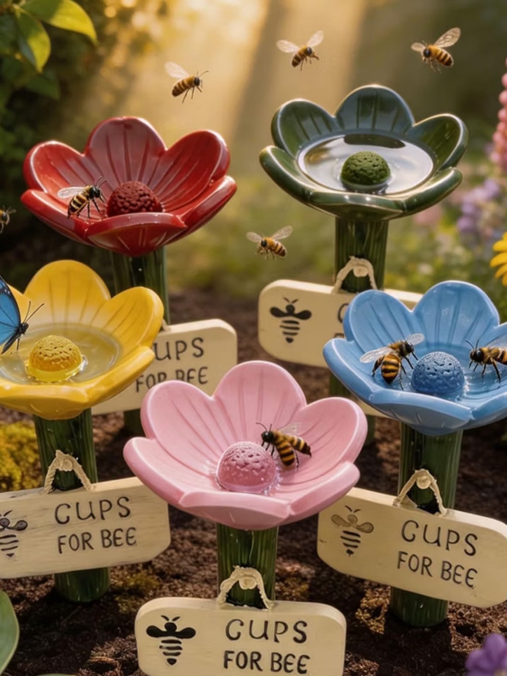 Set of 8 Cups for Bee Resin Flower Bee Watering Cups - Pink, Blue, Yellow, Red